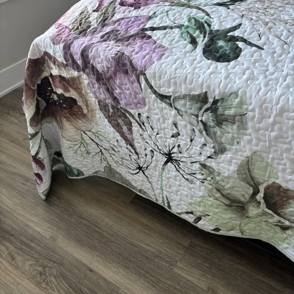 Boho Green & Purple Floral Reversible 3 Pc Bedding Quilt Queen Set Solid Shams